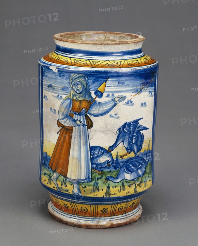 Jar with a Woman and Geese; Faenza, Emilia-Romagna, Italy; early 16th century; Tin-glazed earthenware; 24.8 × 16.8 × 12.9 cm