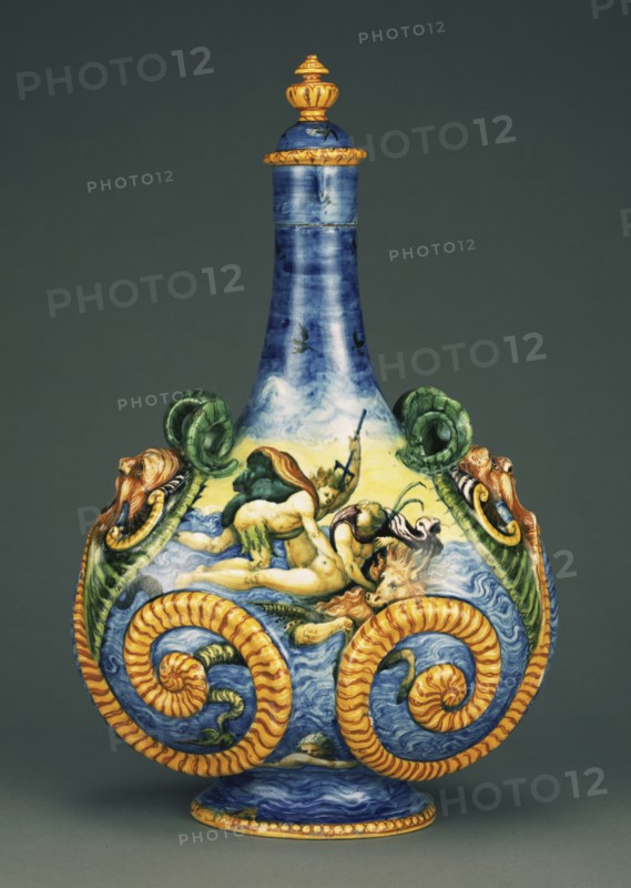 Pilgrim Flask with Marine Scenes; Workshop of Orazio Fontana, Italian, 1510 - 1571, Urbino, Italy; about 1560 - 1570