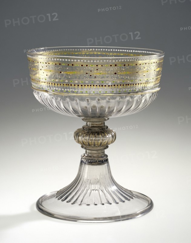 Footed Bowl; Venice, Veneto, Italy; early 16th century; Free- and mold-blown colorless, slightly purple, glass with gold leaf