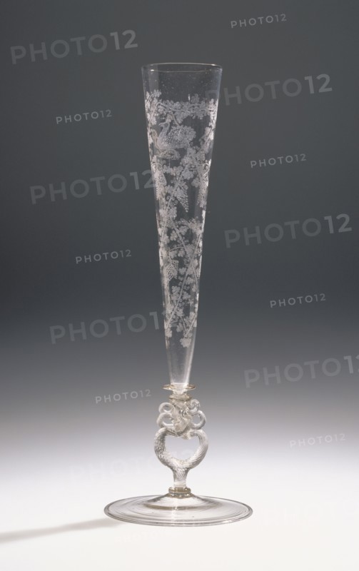 Flute Glass; Germany; late 16th or early 17th century; Free-blown colorless, slightly pink, glass with diamond-point engraving