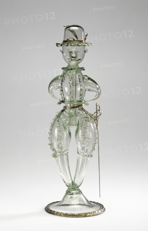 Joke Glass, Scherzgefäss, or Netherlands; 17th century; Free-blown pale green glass with applied decoration; silver