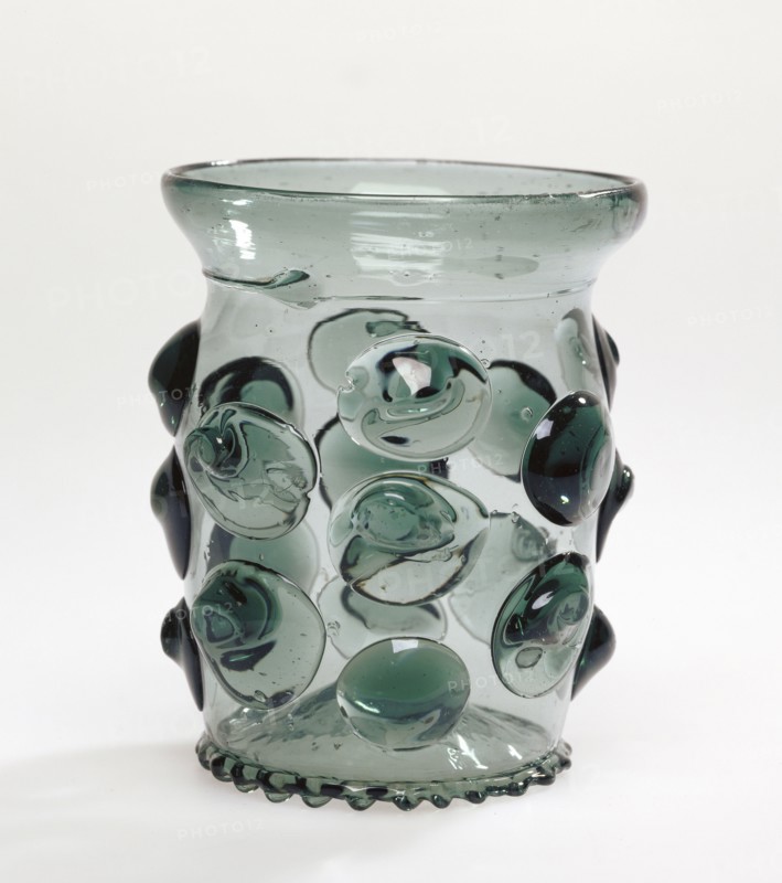 Prunted Beaker, Krautstrunk, Southern Germany, Germany; 1490 - 1530; Free-blown blue-green glass with applied decoration