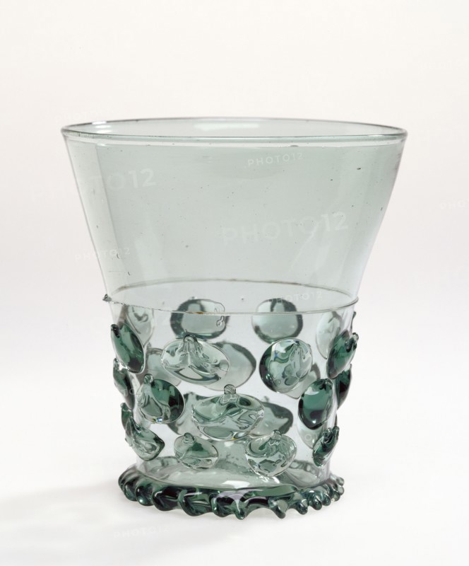 Prunted Beaker, Berkemeyer, Lower Rhineland, Germany; 1500 - 1550; Free-blown blue-green glass with applied decoration