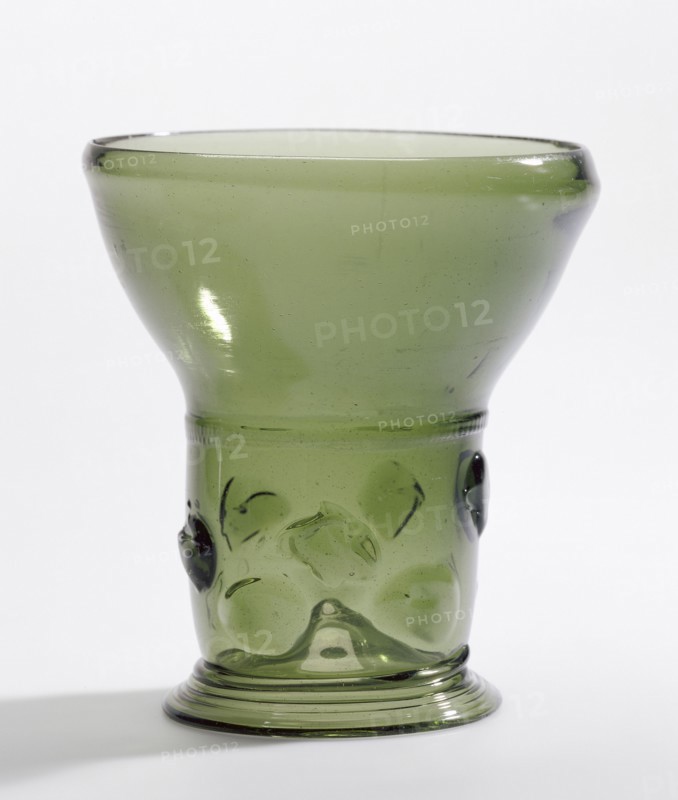 Prunted Beaker, Berkemeyer, Netherlands; 1650 - 1675; Free-blown dark yellowish-green glass with applied decoration