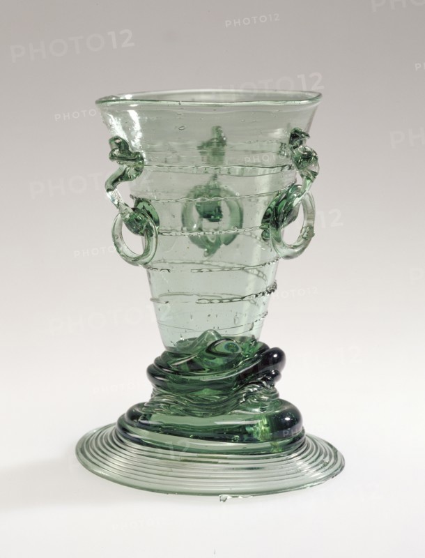 Ring Beaker, Ringbecher, Germany; early 17th century; Free-blown blue-green glass with applied decoration; 12.1 x 7.8 x 8.7 cm