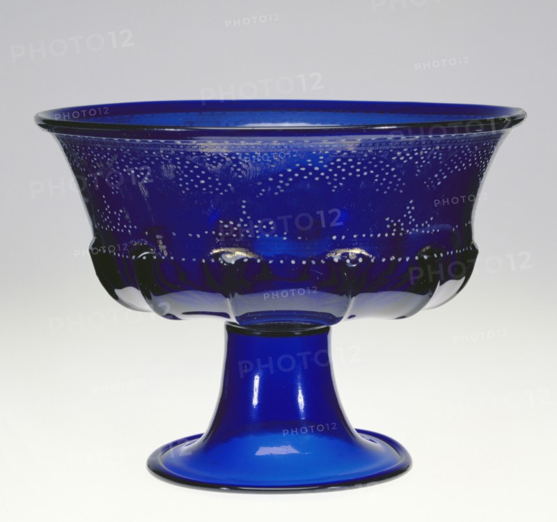 Footed Bowl, Coppa, Venice, Veneto, Italy; about 1500; Free- and mold-blown cobalt-blue glass with gold leaf and enamel