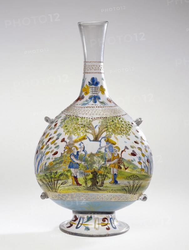 Pilgrim Flask; Venice, Veneto, Italy; about 1500 - 1520; Free-blown colorless glass with gold leaf, enamel
