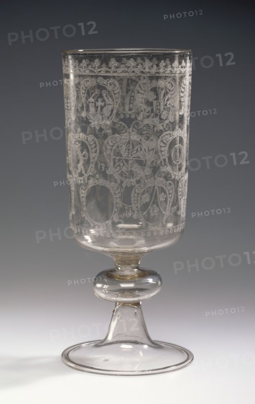 Goblet with the Arms of Bregenz; after 1621 - about 1635; Free-blown colorless, slightly grayish-brown, glass with diamond point