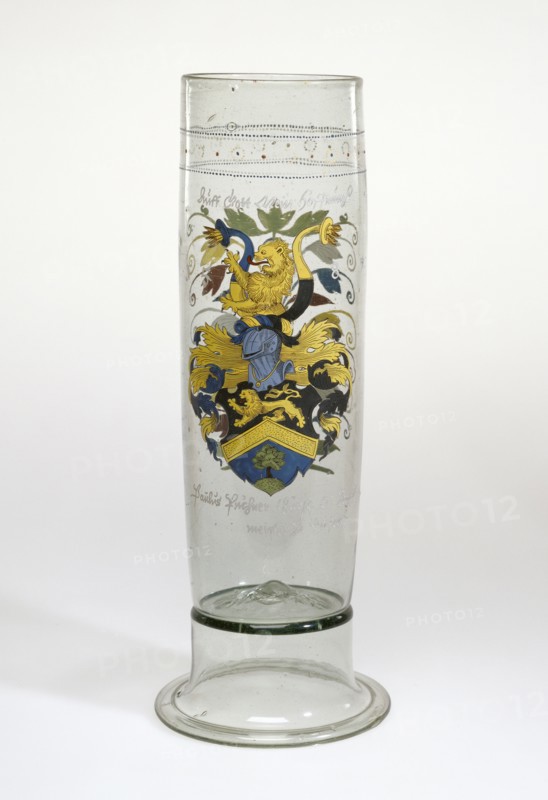 Beaker with the Arms of Puchner, Stangenglas, Erzgebirge, possibly, Saxony, Germany; 1587; Free-blown colorless, pale green