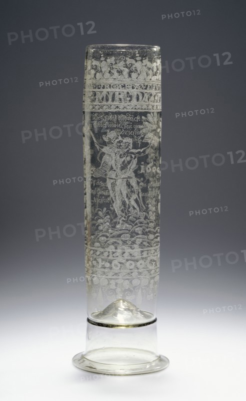 Footed Beaker, Stangenglas, Southern Bohemia, Czech Republic; 1600; Free-blown colorless, slightly brown, glass with diamond