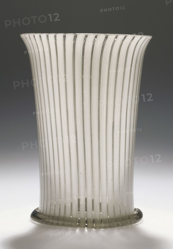 Filigrana Beaker; Façon de Venise, Netherlands, probably, 1550 - 1625; Free-blown colorless, slightly gray, glass with lattimo