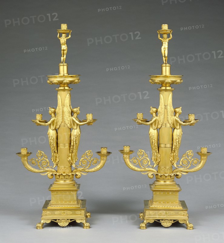 Pair of Candlesticks; Designed by Filippo Pelagio Palagi, Italian, 1775 - 1860, about 1830 - 1840; Gilt bronze