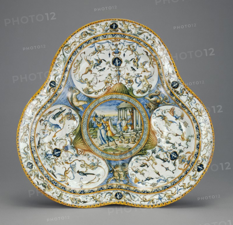 Basin with Deucalion and Pyrrha; Fontana Workshop, possibly Orazio Fontana, Italian, 1510 - 1571, or possibly Flaminio Fontana