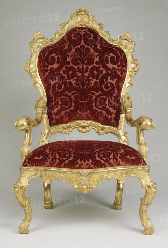 One armchair; Venice, Veneto, Italy; about 1730 - 1740; Carved, gessoed, and gilt walnut; upholstered in modern Genoese velvet