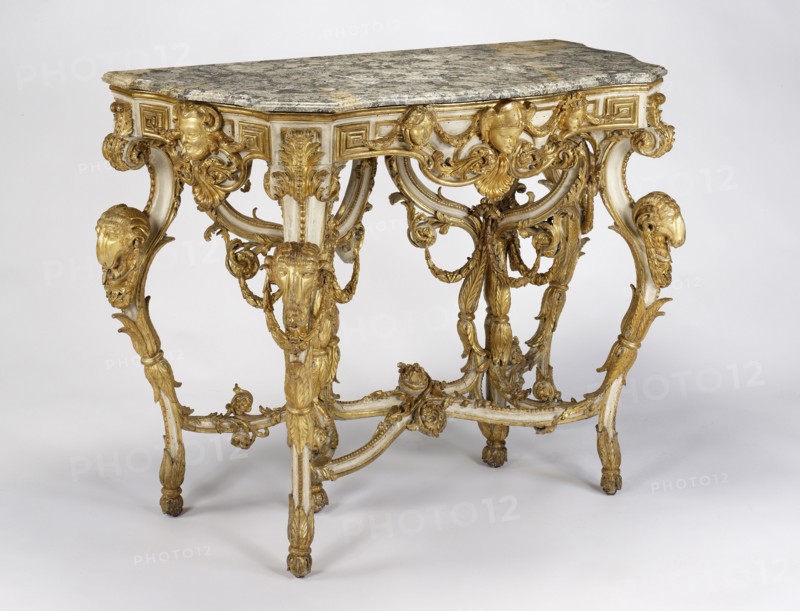 Side Table; Italy; about 1760 - 1770; Carved, painted, and gilded limewood; marble top; 104.9 x 153 x 74 cm