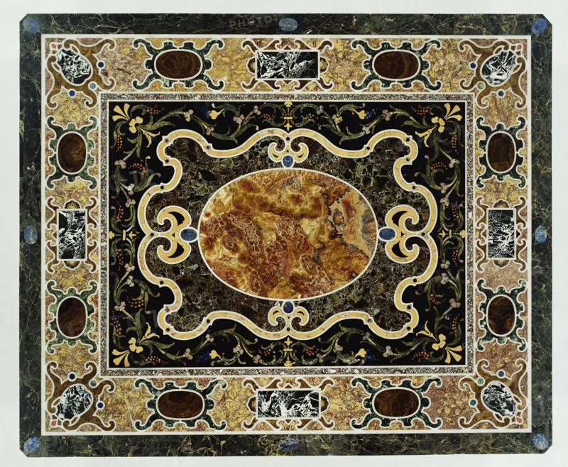 Tabletop; tabletop 1580 - 1600; base 1825; Pietre dure and marble commesso, mosaic, top including breccia di Tivoli