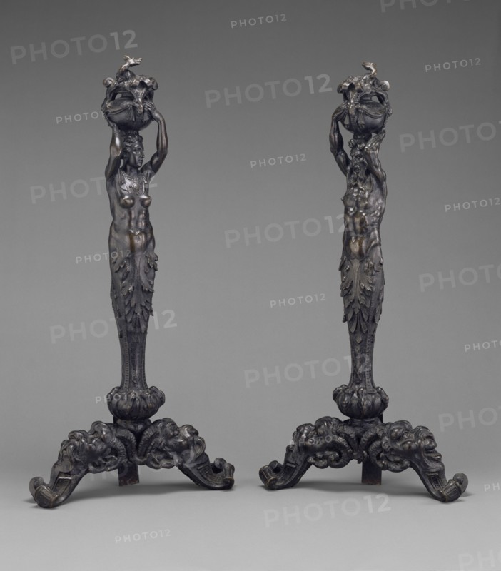 Pair of Andirons in the form of a Female and Male Herm; Italian, probably active in France, Fontainebleau, France; about 1540