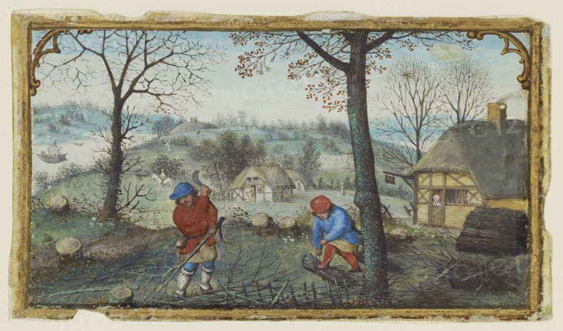 Gathering Twigs; Simon Bening, Flemish, about 1483 - 1561, Bruges, Belgium; about 1550; Tempera colors and gold paint