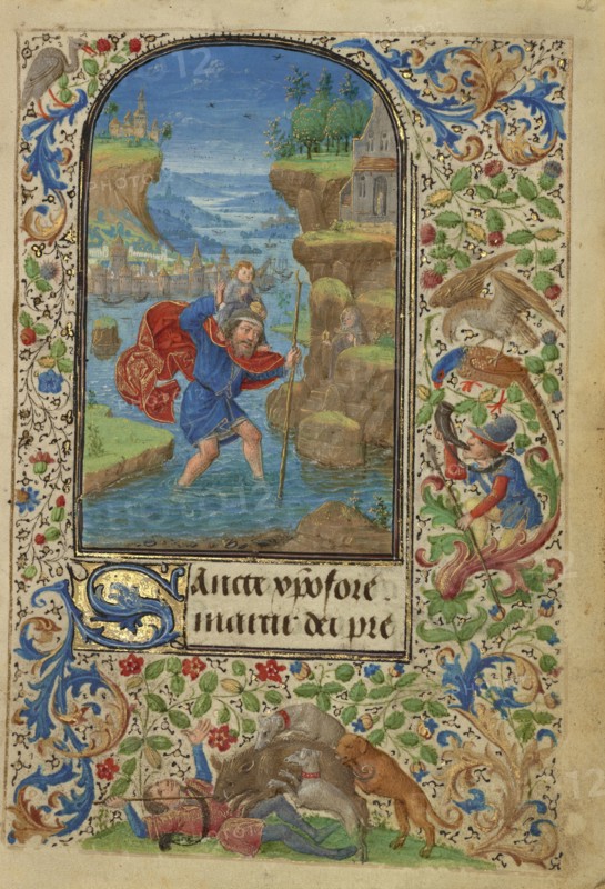 Saint Christopher; Lieven van Lathem, Flemish, about 1430 - 1493, Antwerp, illuminated, Belgium; 1469; Tempera colors, gold