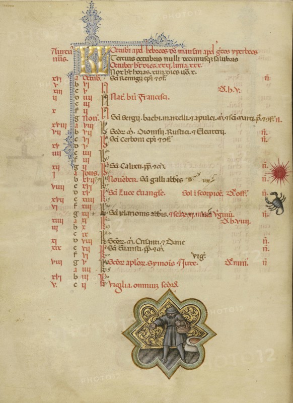 A Man Sowing Wheat; Zodiacal Sign of Scorpio; Master of the Brussels Initials, Italian, active about 1389 - 1410, Bologna