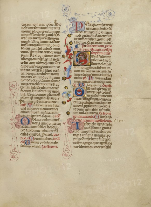 Initial E: Saint Stephen; Master of the Brussels Initials, Italian, active about 1389 - 1410, Bologna, Emilia-Romagna, Italy