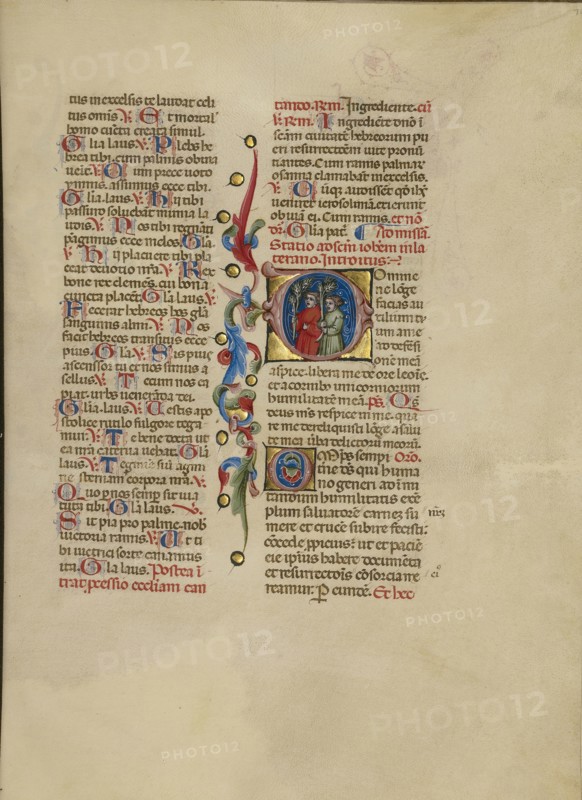 Initial D: Two Children Carrying Palm Branches; Master of the Brussels Initials, Italian, active about 1389 - 1410, Bologna