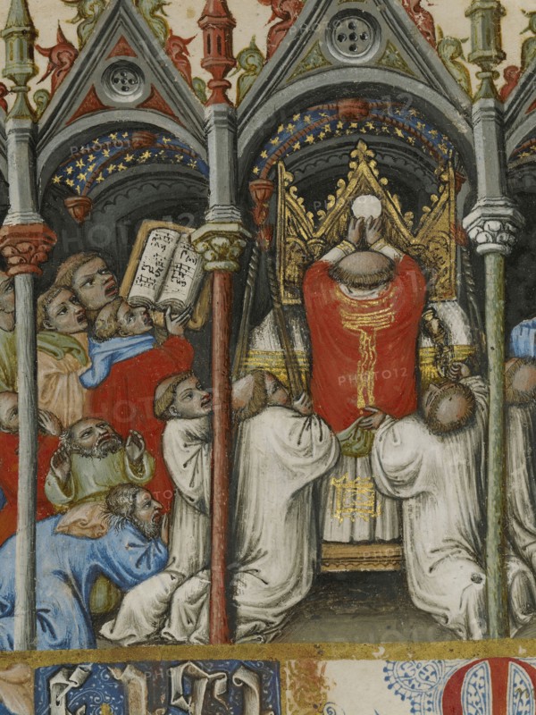 The Elevation of the Host; Initial T: A Putto Between the Sun and Moon; Master of the Brussels Initials, Italian
