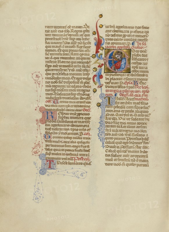 Initial E: Saint James the Greater; Master of the Brussels Initials, Italian, active about 1389 - 1410, Bologna, Emilia-Romagna