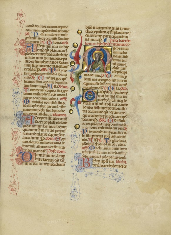 Initial M: Saint Bartholomew; Master of the Brussels Initials, Italian, active about 1389 - 1410, Bologna, Emilia-Romagna