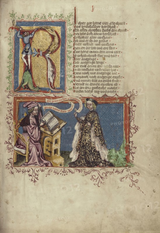 A Scribe and a Woman; Regensburg, Bavaria, Germany; about 1400 - 1410; Tempera colors, gold, silver paint, and ink on parchment