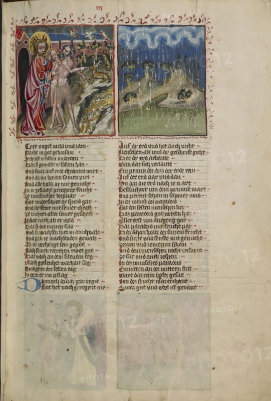 God with Adam and Eve; The First Rain in Paradise; Regensburg, Bavaria, Germany; about 1400 - 1410; Tempera colors, gold, silver