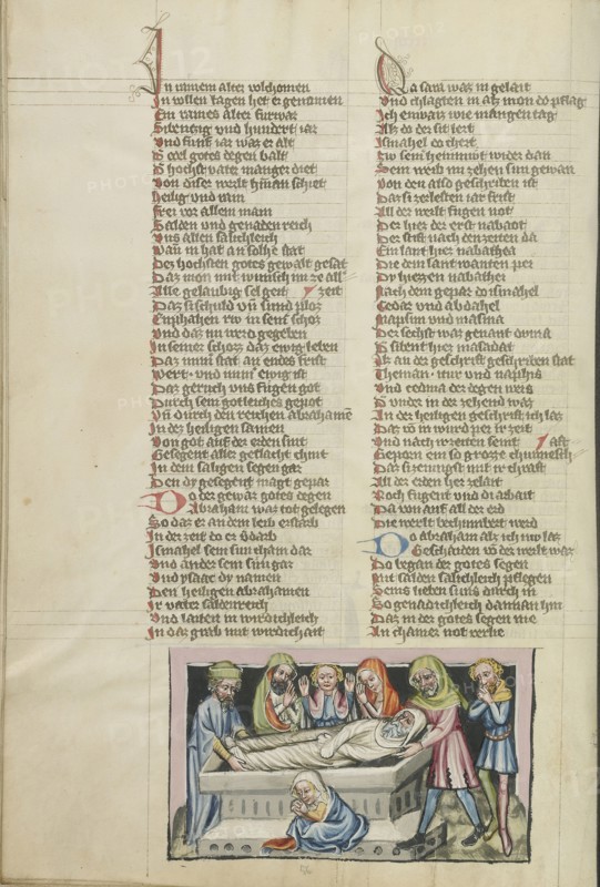 The Burial of Abraham; Regensburg, Bavaria, Germany; about 1400 - 1410; Tempera colors, gold, silver paint, and ink on parchment