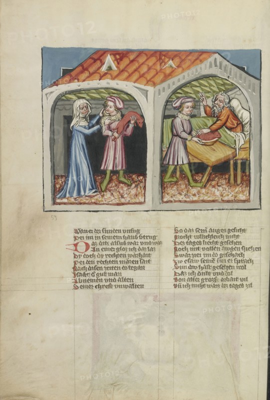 Jacob's Deceit; Regensburg, Bavaria, Germany; about 1400 - 1410; Tempera colors, gold, silver paint, and ink on parchment; Leaf