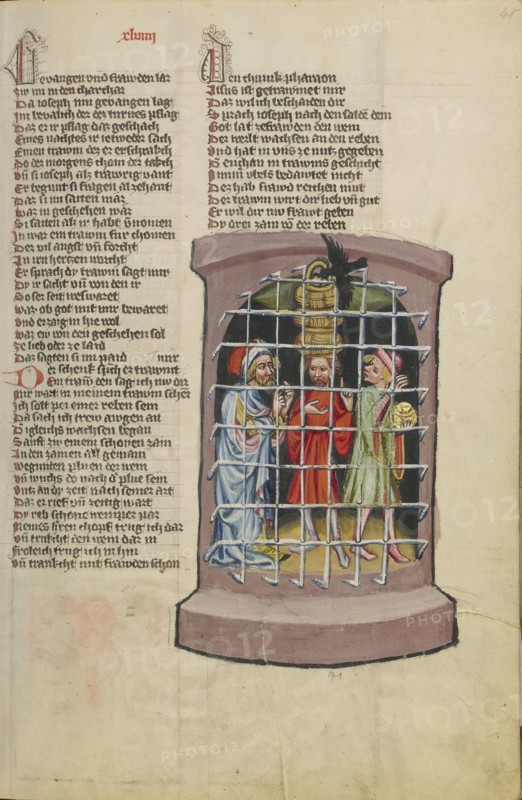 Joseph in Prison with a Butler and a Baker; Regensburg, Bavaria, Germany; about 1400 - 1410; Tempera colors, gold, silver paint