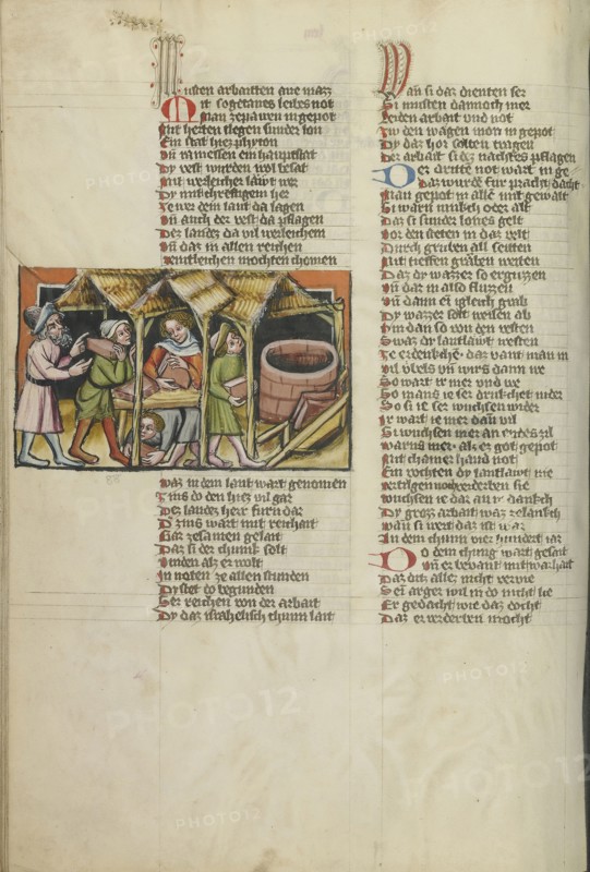 The Slavery of the Israelites; Regensburg, Bavaria, Germany; about 1400 - 1410; Tempera colors, gold, silver paint, and ink