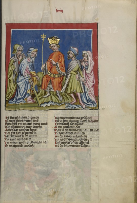Aaron Transforms the Rod into a Serpent; Regensburg, Bavaria, Germany; about 1400 - 1410; Tempera colors, gold, silver paint