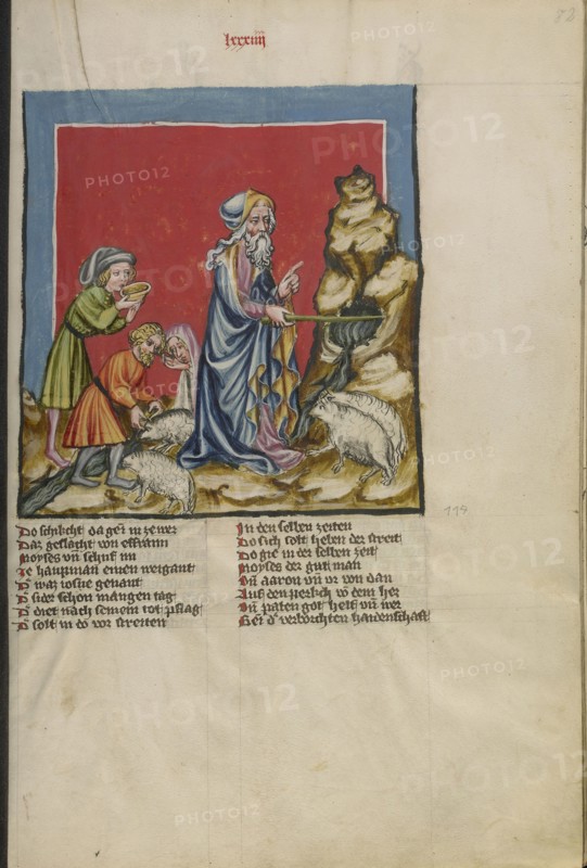 Moses Striking Water from the Rock; Regensburg, Bavaria, Germany; about 1400 - 1410; Tempera colors, gold, silver paint, and ink
