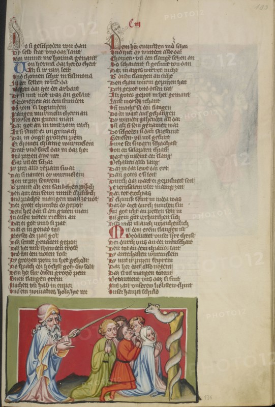The Brazen Serpent; Regensburg, Bavaria, Germany; about 1400 - 1410; Tempera colors, gold, silver paint, and ink on parchment