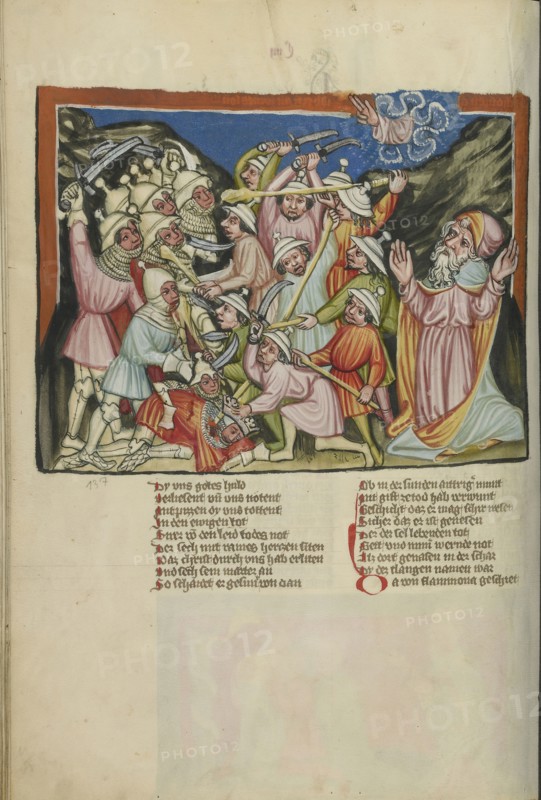 The Defeat of the Amorites; Regensburg, Bavaria, Germany; about 1400 - 1410; Tempera colors, gold, silver paint, and ink