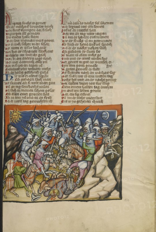 The Battle with the Five Kings of Canaan; Regensburg, Bavaria, Germany; about 1400 - 1410; Tempera colors, gold, silver paint