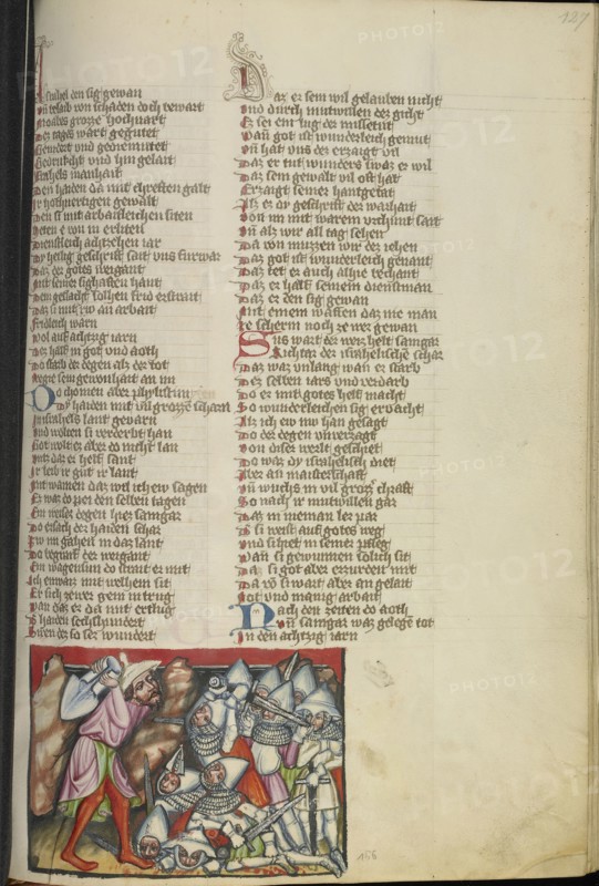 Schamgar Defeats the Philistines; Regensburg, Bavaria, Germany; about 1400 - 1410; Tempera colors, gold, silver paint, and ink