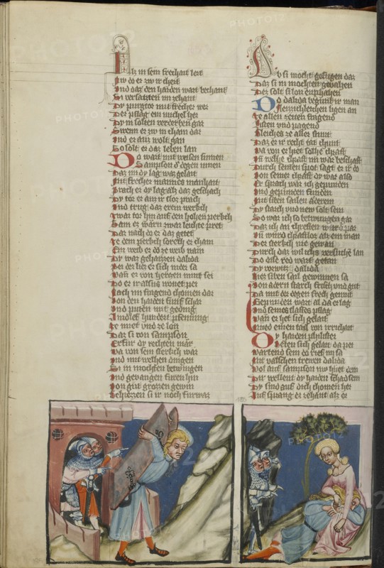 Samson Carrying Off the City Gate of Gaza; Delilah Tying Up Samson; Regensburg, Bavaria, Germany; about 1400 - 1410; Tempera