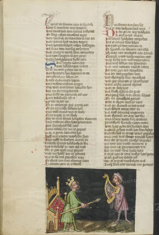 Saul Trying to Kill David; Regensburg, Bavaria, Germany; about 1400 - 1410; Tempera colors, gold, silver paint, and ink