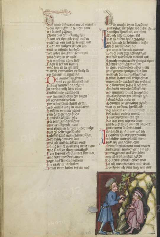 Jonathan Visiting David in the Cave; Regensburg, Bavaria, Germany; about 1400 - 1410; Tempera colors, gold, silver paint