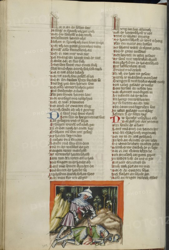Saul's Death; Regensburg, Bavaria, Germany; about 1400 - 1410; Tempera colors, gold, silver paint, and ink on parchment; Leaf