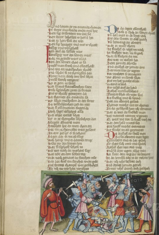 The Battle between Abner's and Joab's Men; Regensburg, Bavaria, Germany; about 1400 - 1410; Tempera colors, gold, silver paint