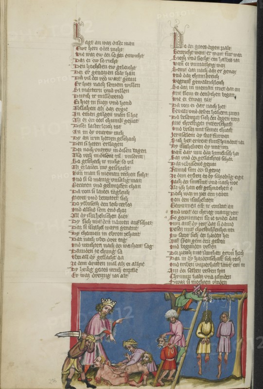 The Hanging of Ishbosheth's Murderers; Regensburg, Bavaria, Germany; about 1400 - 1410; Tempera colors, gold, silver paint