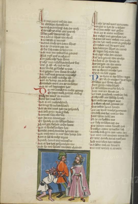 Shimei Throwing Stones at David; Regensburg, Bavaria, Germany; about 1400 - 1410; Tempera colors, gold, silver paint, and ink