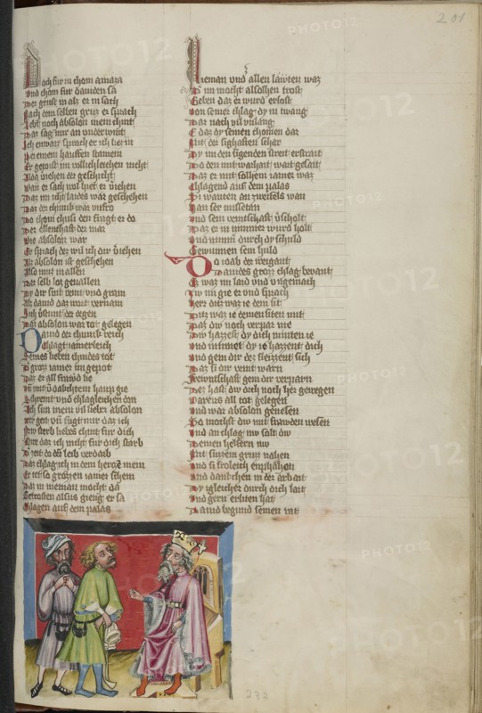 Ahimaaz Brings the Message to David; Regensburg, Bavaria, Germany; about 1400 - 1410; Tempera colors, gold, silver paint