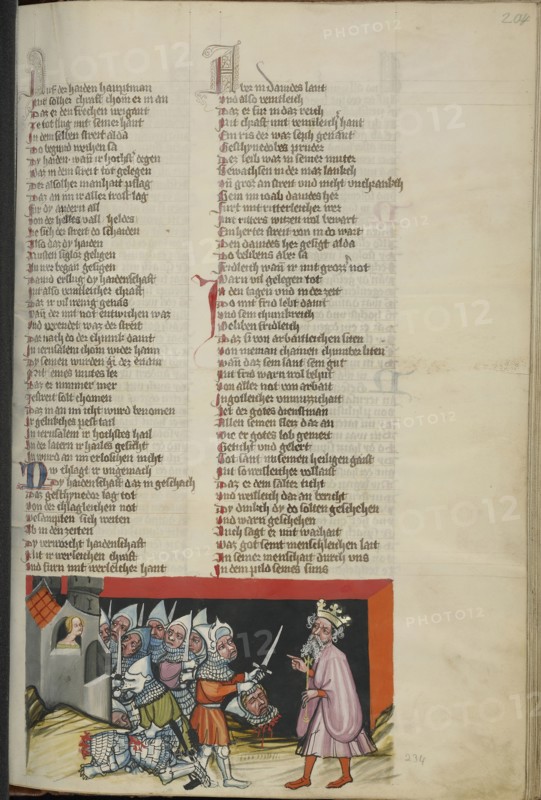 Sibbechai Ordering the Murder of Saph; Regensburg, Bavaria, Germany; about 1400 - 1410; Tempera colors, gold, silver paint